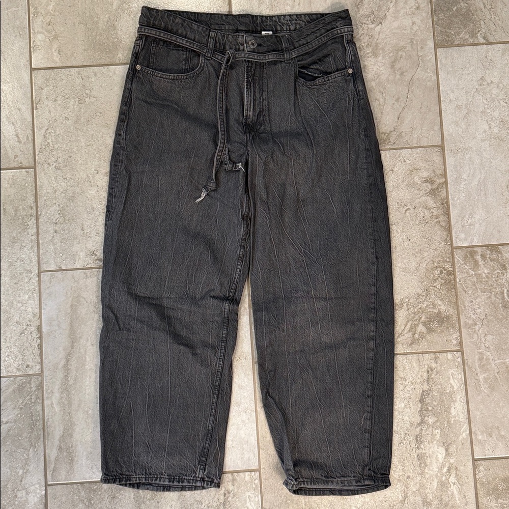 Dark Gray Denim Baggie Jeans - size 14 Tie Waist